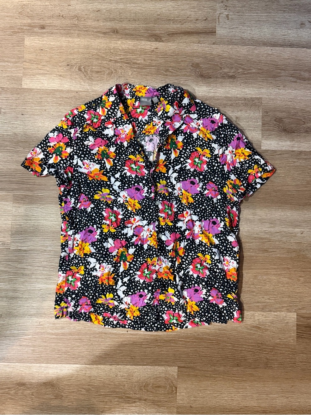 ASOS Floral Short-Sleeve Button-Up Shirt - Black with Pink & Yellow Flowers
